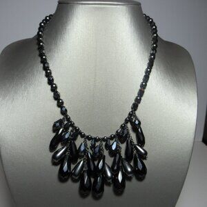 Chico's Black & Gunmetal Grey Beaded Dangle Necklace Faceted Teardrop Beads
